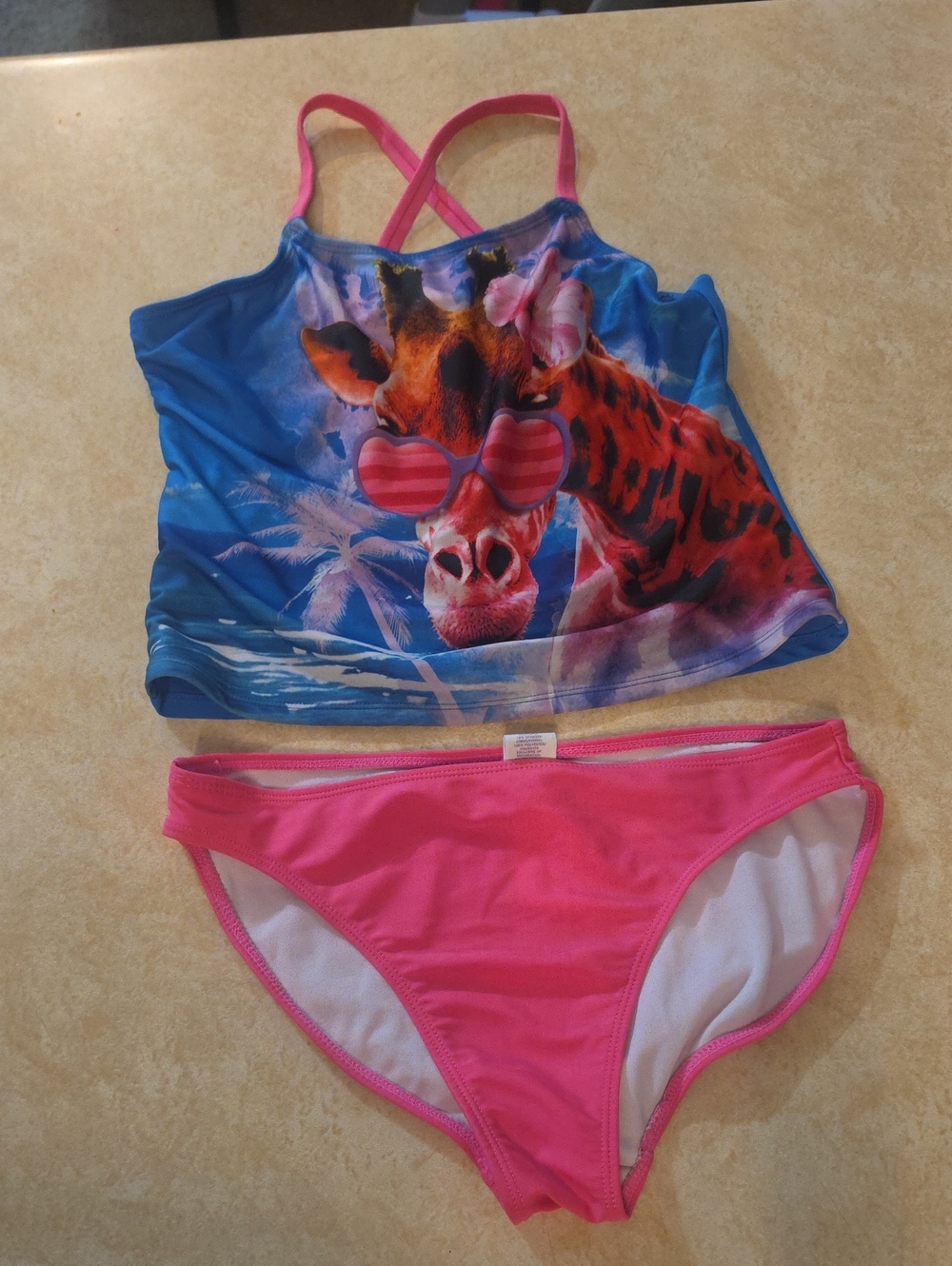 Girls' Pink & Blue Giraffe Print Tankini Swim Set